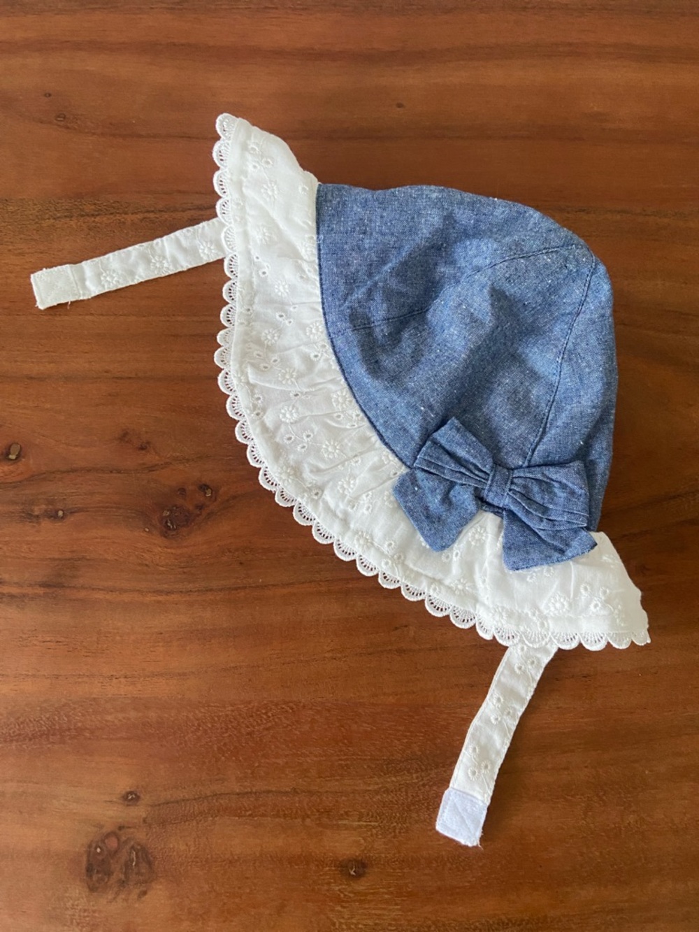 Toddler girls sun hat chambray denim white eyelet cotton summer sun 48 cm